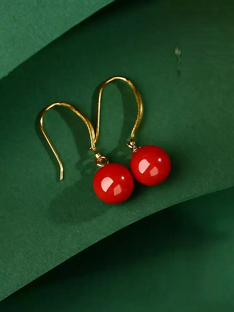 Eastculture Golden Hook, Red Jade, and Cinnabar Earrings - Health & Longevity Gift