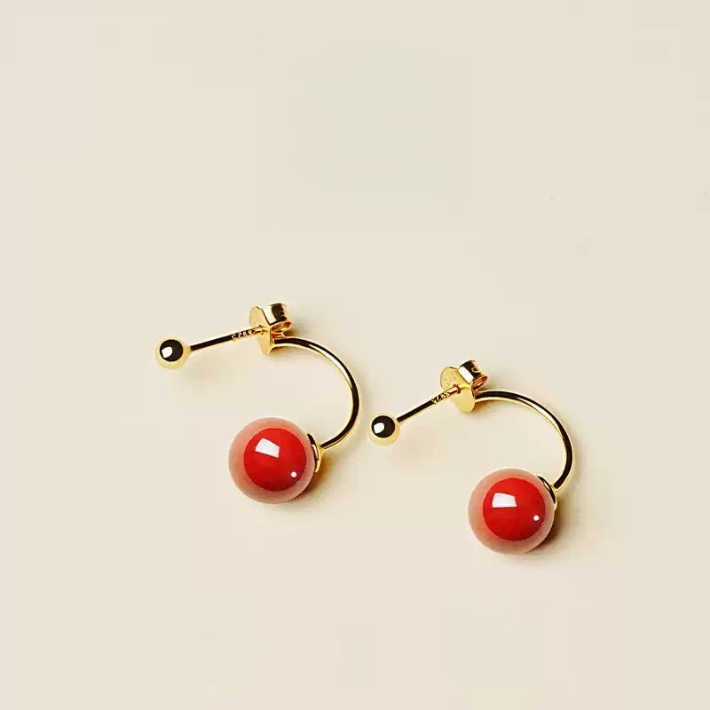 Eastculture Gold hook polishes red jade and cinnabar Earrings - Health & Longevity Gift