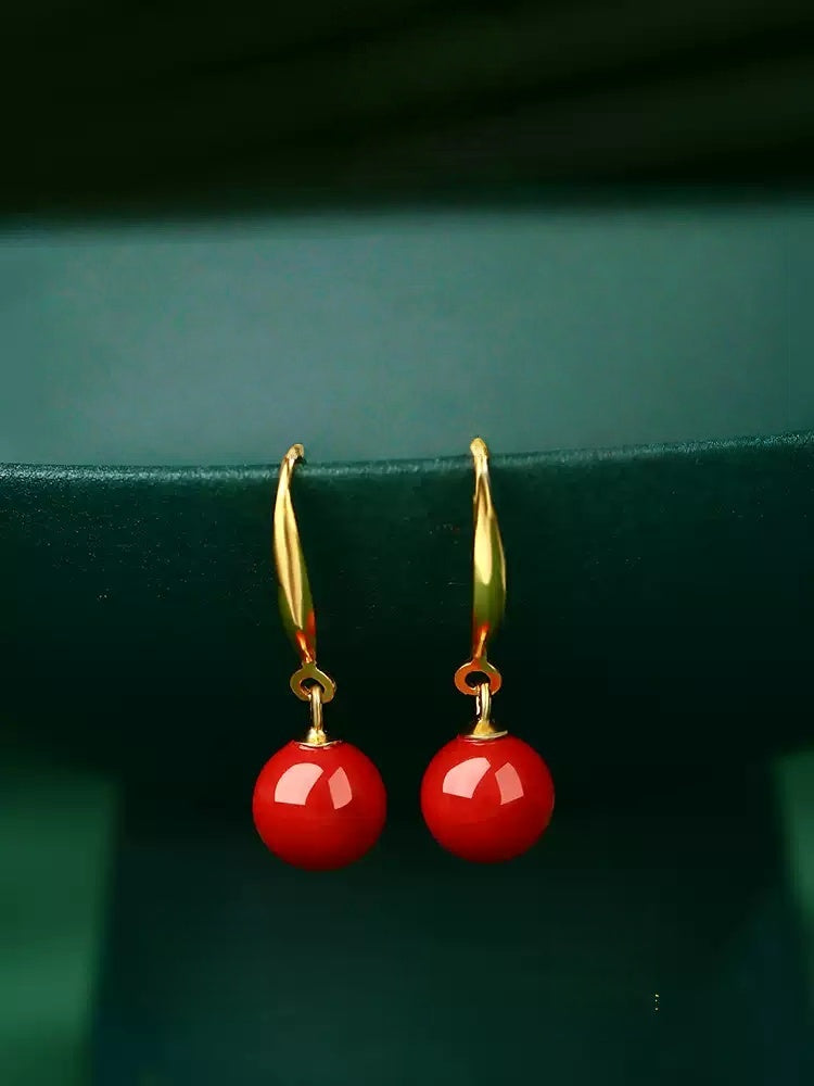 Eastculture Golden Hook, Red Jade, and Cinnabar Earrings - Health & Longevity Gift