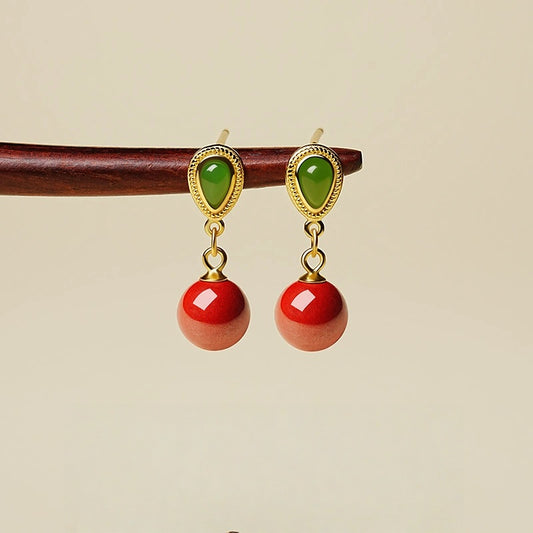 Eastculture Emerald Green Jade Cinnabar Earrings - Health & Longevity Gift