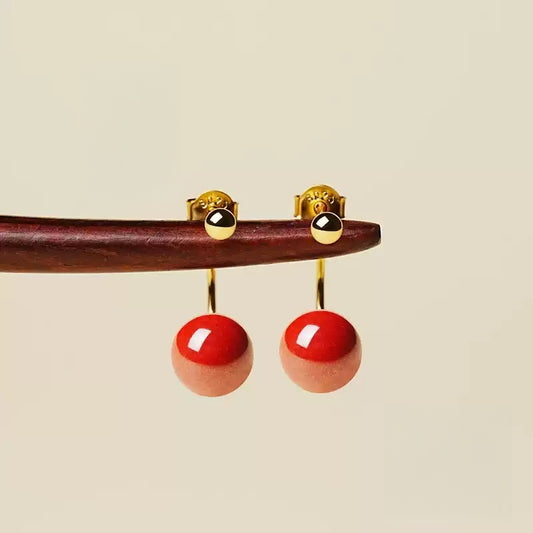 Eastculture Gold hook polishes red jade and cinnabar Earrings - Health & Longevity Gift