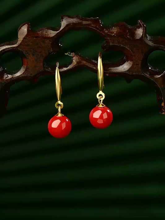 Eastculture Golden Hook, Red Jade, and Cinnabar Earrings - Health & Longevity Gift