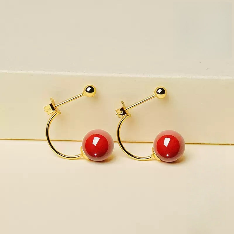 Eastculture Gold hook polishes red jade and cinnabar Earrings - Health & Longevity Gift