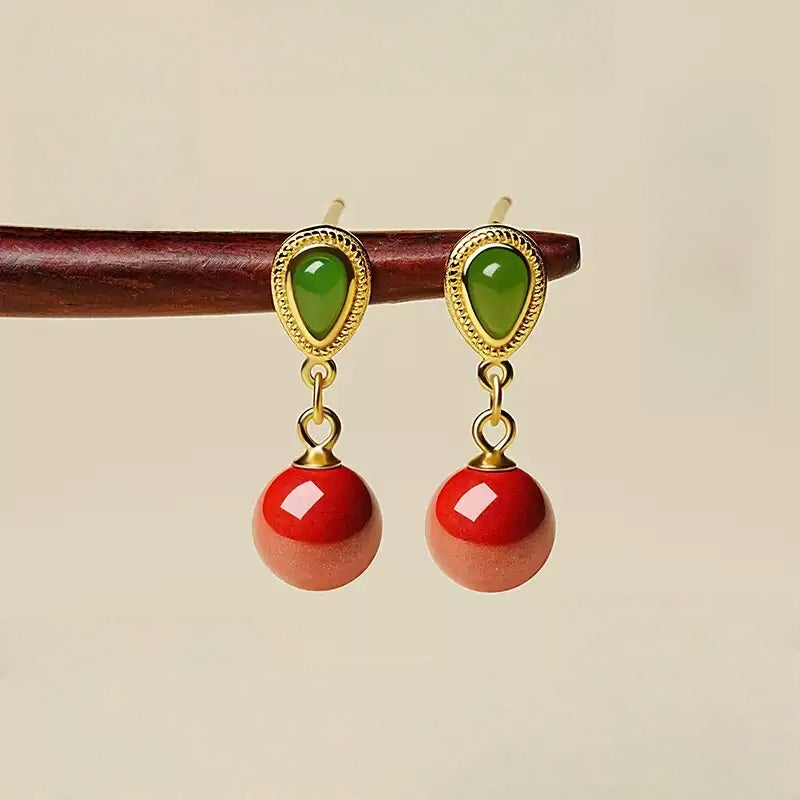 Eastculture Emerald Green Jade Cinnabar Earrings - Health & Longevity Gift