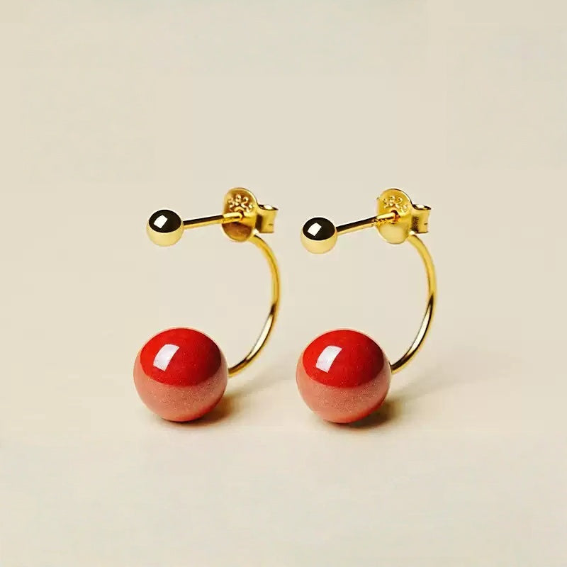 Eastculture Gold hook polishes red jade and cinnabar Earrings - Health & Longevity Gift