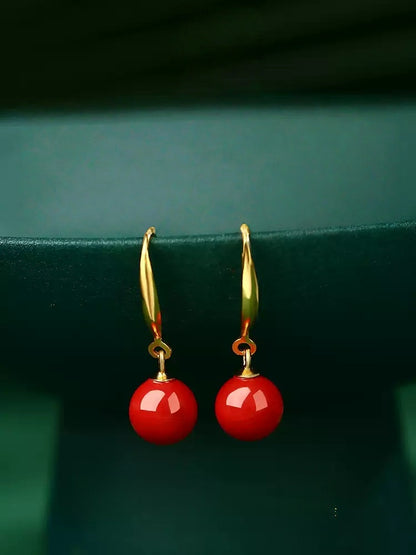 Eastculture Golden Hook, Red Jade, and Cinnabar Earrings - Health & Longevity Gift