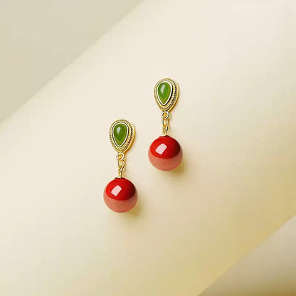 Eastculture Emerald Green Jade Cinnabar Earrings - Health & Longevity Gift