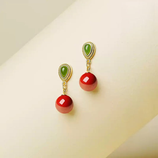Eastculture Emerald Green Jade Cinnabar Earrings - Health & Longevity Gift