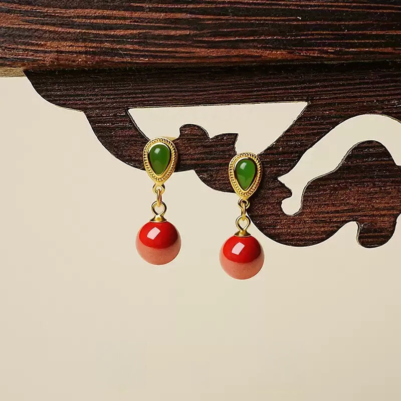 Eastculture Emerald Green Jade Cinnabar Earrings - Health & Longevity Gift