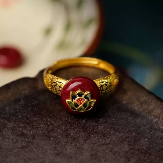 Eastculture Big Red Jade Lotus Ring  - Get love