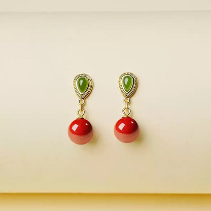 Eastculture Emerald Green Jade Cinnabar Earrings - Health & Longevity Gift
