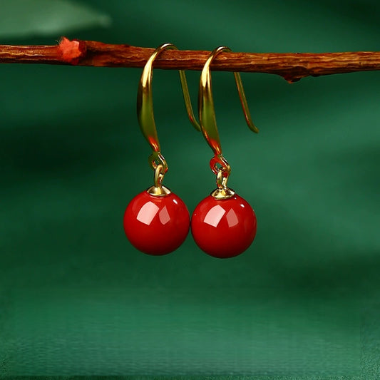 Eastculture Golden Hook, Red Jade, and Cinnabar Earrings - Health & Longevity Gift