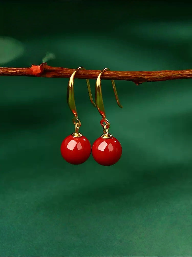 Eastculture Golden Hook, Red Jade, and Cinnabar Earrings - Health & Longevity Gift